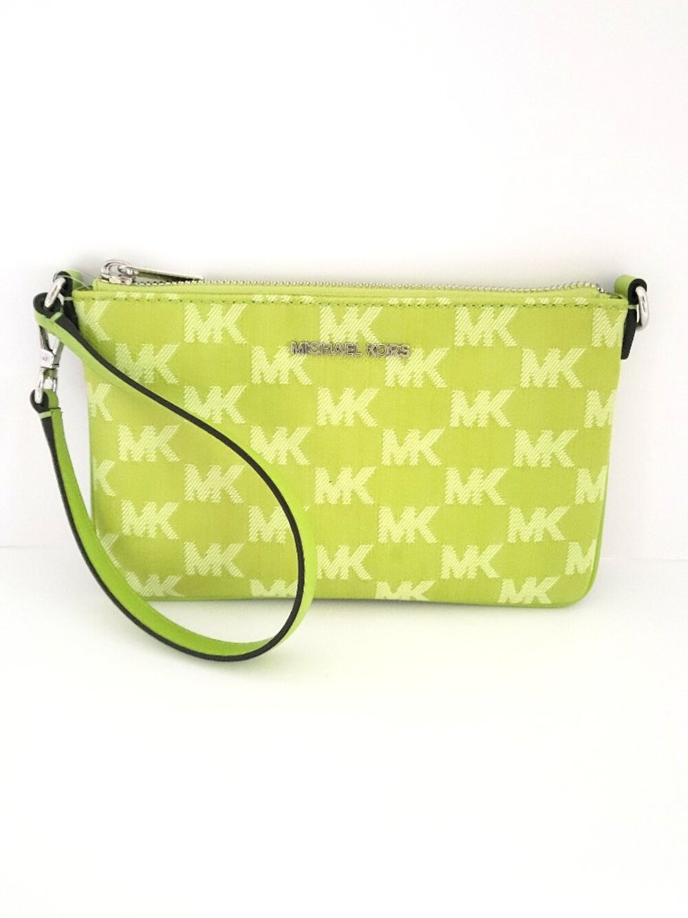 Michael Kors Jet Set Travel Small Convertible Pouch Wristlet Lime MK Logo Denim